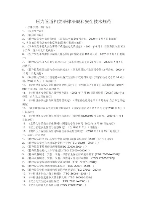 压力管道相关法律法规和安全技术规范
