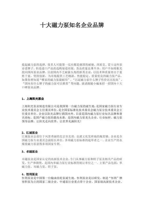 十大磁力泵知名企业品牌