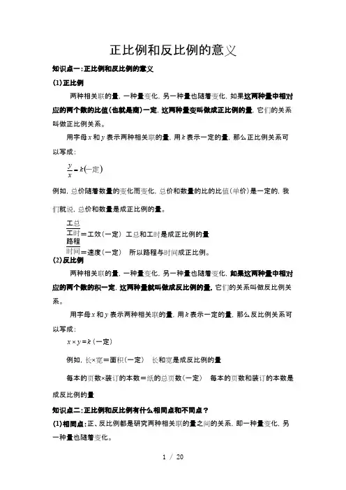 (完整版)正比例和反比例意义知识点总结加典型例题