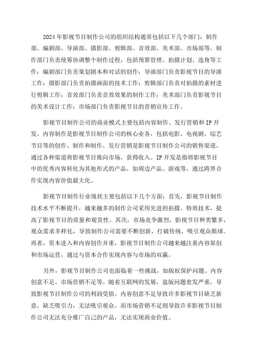 2024年影视节目制作公司组织结构商业模式行业现状