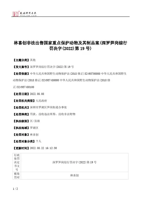 林喜创非法出售国家重点保护动物及其制品案(深罗笋岗综行罚决字(2022)第19号)