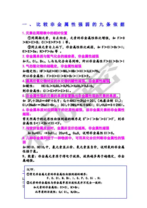 比较非金属性强弱的九条依据