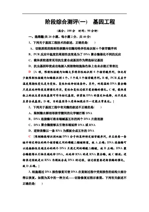 2019-2020人教版生物选修3阶段综合测评1 基因工程