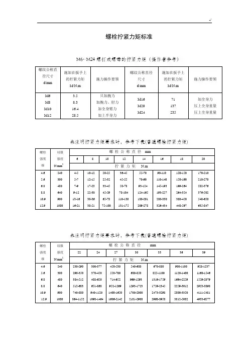 螺栓拧紧力矩及规范标准