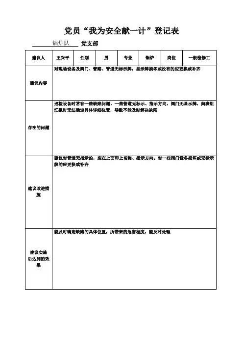 党员“我为安全献一计”合理化建议表