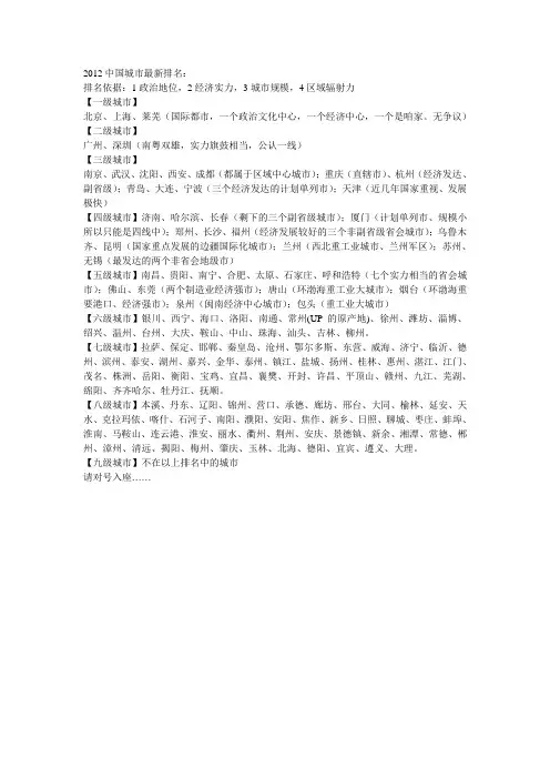 2012中国城市最新排名