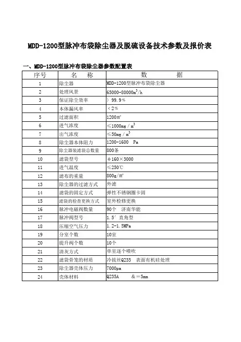MDD-1200型脉冲布袋除尘器及脱硫设备技术参数及报价表