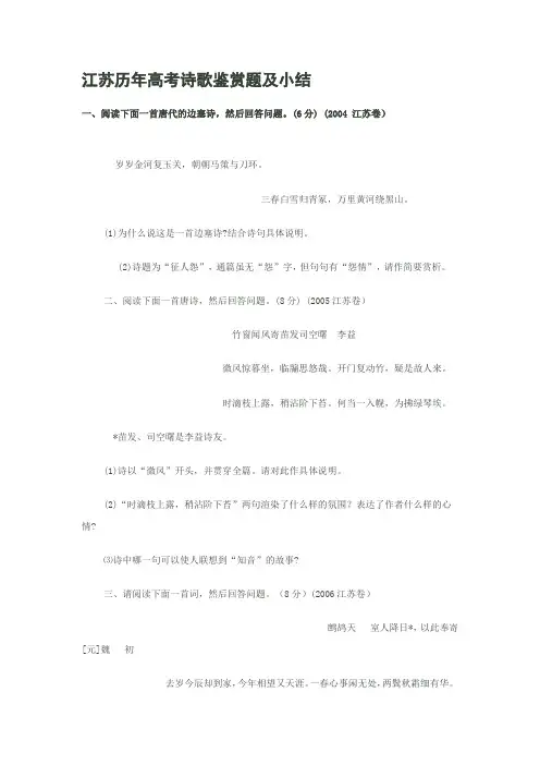 江苏历年高考诗歌鉴赏题及小结
