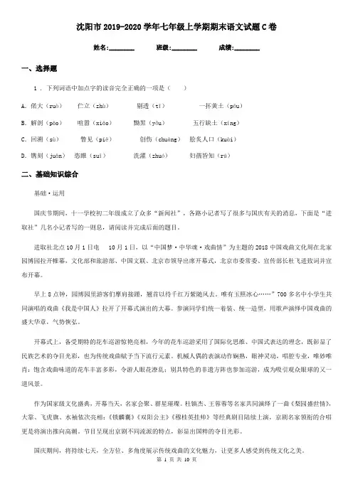 沈阳市2019-2020学年七年级上学期期末语文试题C卷