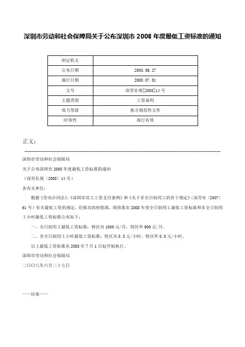 深圳市劳动和社会保障局关于公布深圳市2008年度最低工资标准的通知-深劳社规[2008]14号