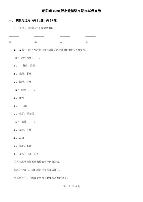 朝阳市2020版小升初语文期末试卷B卷