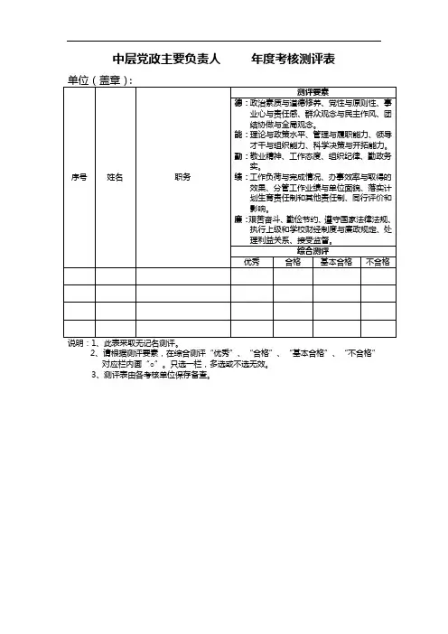 中层党政主要负责人年度考核测评表