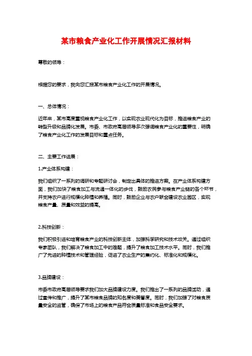 某市粮食产业化工作开展情况汇报材料