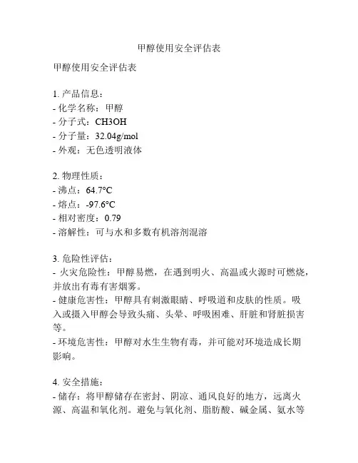 甲醇使用安全评估表