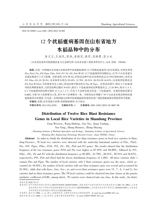 12个抗稻瘟病基因在山东省地方水稻品种中的分布