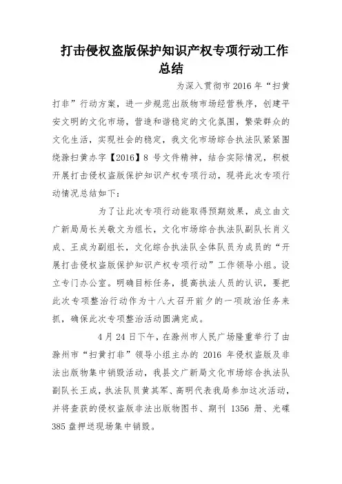 打击侵权盗版保护知识产权专项行动工作总结
