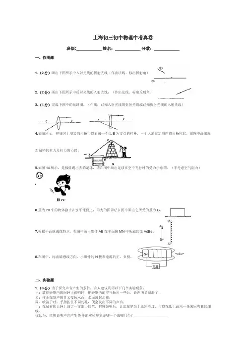 上海初三初中物理中考真卷带答案解析
