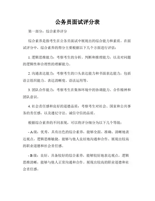 公务员面试评分表