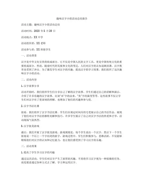 趣味汉字小组活动总结报告