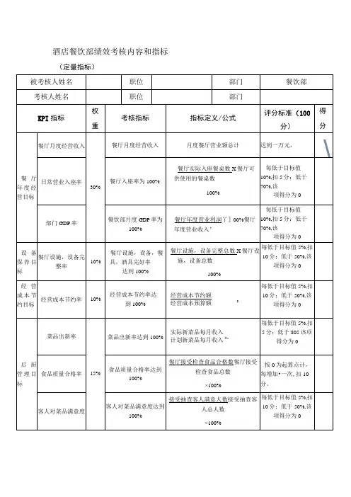 酒店餐饮部绩效考核内容和指标