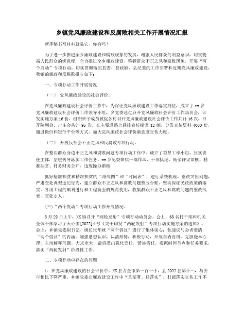 乡镇党风廉政建设和反腐败相关工作开展情况汇报