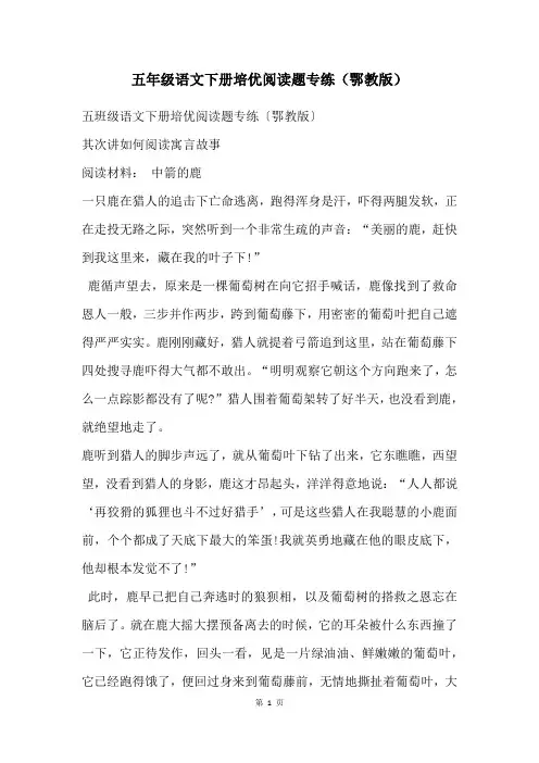 五年级语文下册培优阅读题专练(鄂教版)