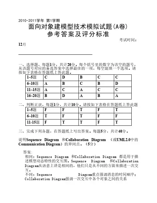 面向对象建模技术模拟试题答案及评分标准