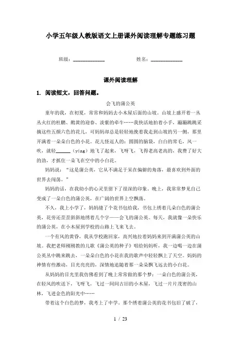 小学五年级人教版语文上册课外阅读理解专题练习题