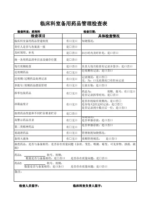 科室备用药品检查表