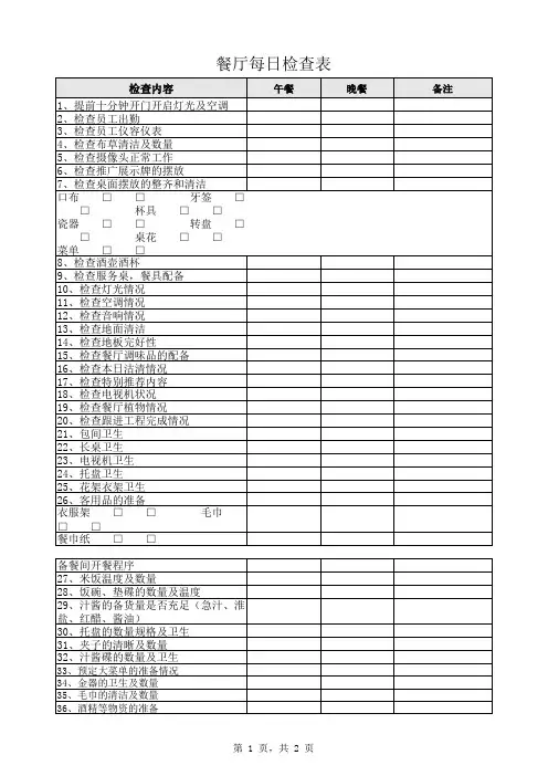 餐厅每日检查表