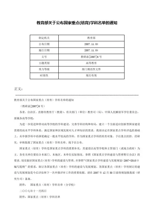 教育部关于公布国家重点(培育)学科名单的通知-教研函[2007]6号