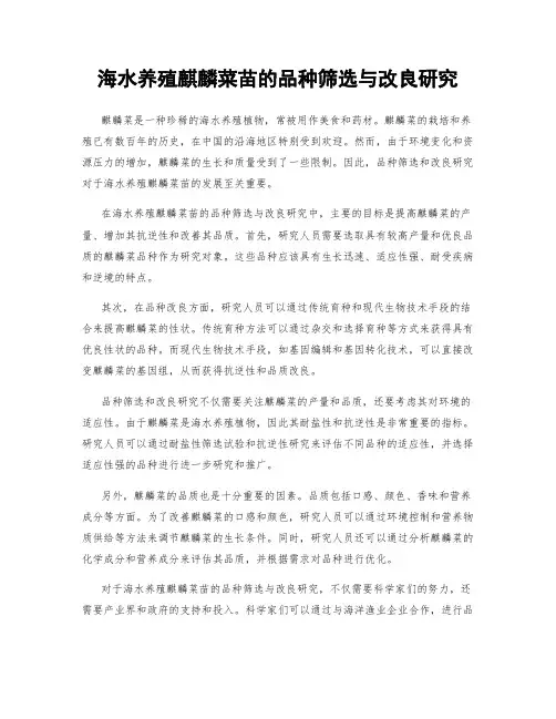 海水养殖麒麟菜苗的品种筛选与改良研究