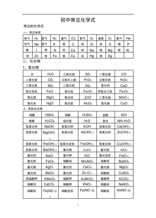初中常见化学式大全已打印