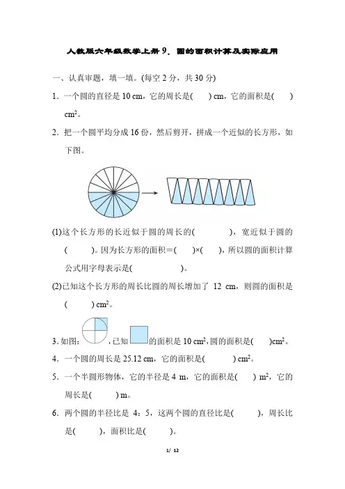 人教版六年级数学上册第5单元圆的面积计算及实际应用附答案