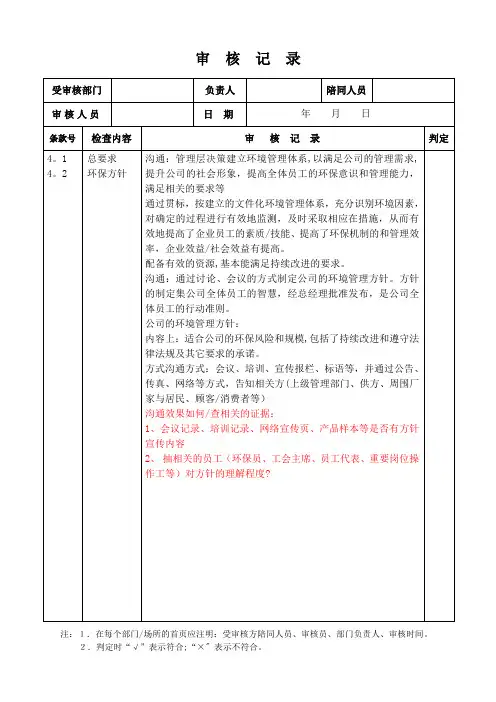 环境管理体系  审核记录   模板