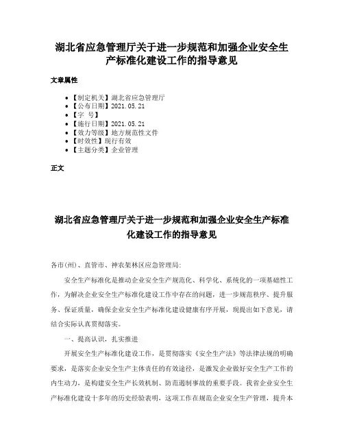 湖北省应急管理厅关于进一步规范和加强企业安全生产标准化建设工作的指导意见