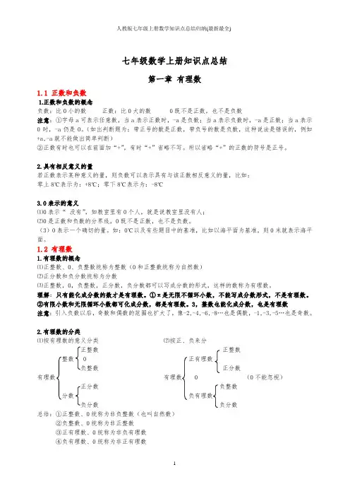 人教版七年级上册数学知识点总结归纳(最新最全)