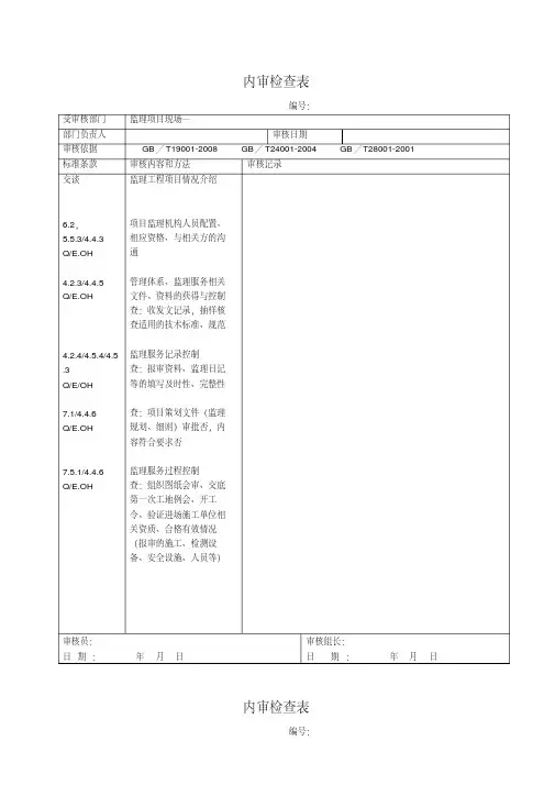 建筑施工监理项目现场内审检查表