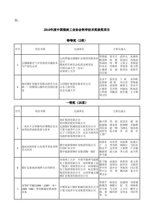 2010年度中国煤炭工业协会科学技术奖获奖项目