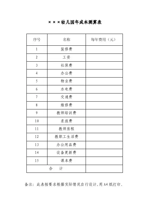 幼儿园年成本测算表【直接打印】