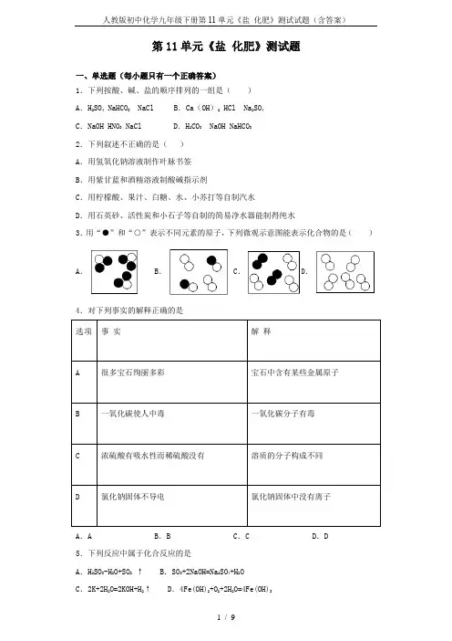 人教版初中化学九年级下册第11单元《盐 化肥》测试试题(含答案)