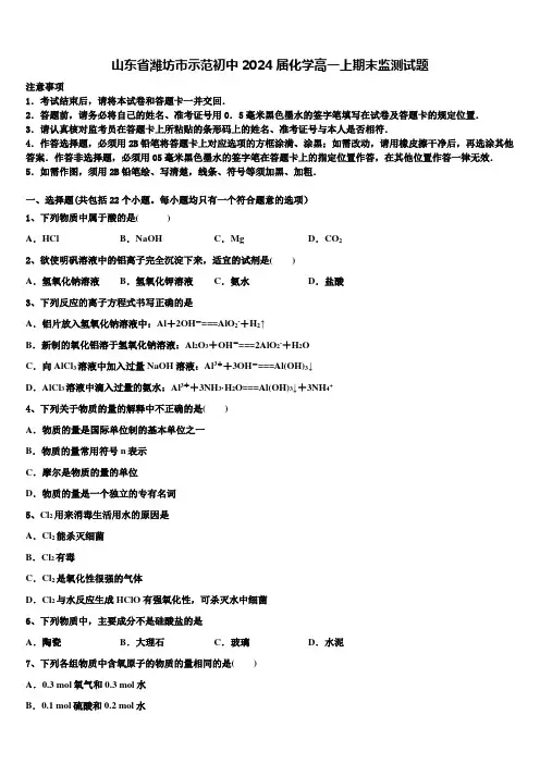 山东省潍坊市示范初中2024届化学高一上期末监测试题含解析