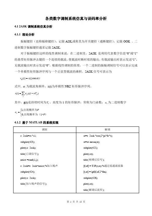 各类数字调制系统仿真与误码率分析