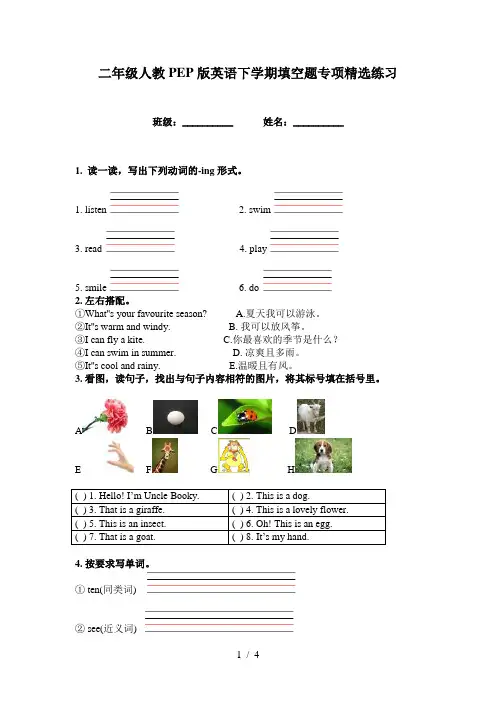 二年级人教PEP版英语下学期填空题专项精选练习