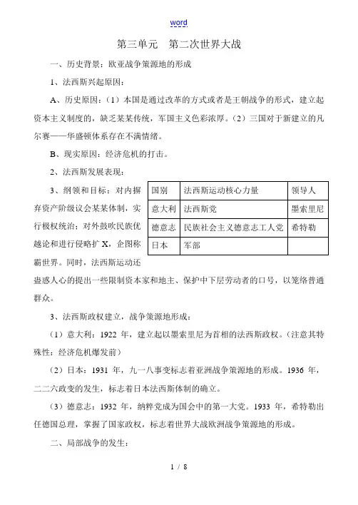 高中历史第三单元  第二次世界大战知识要点新人教版选修3