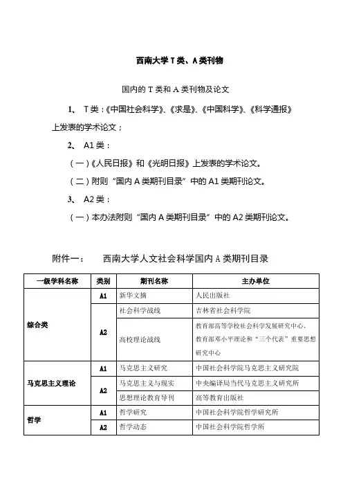 西南大学T类、A类刊物
