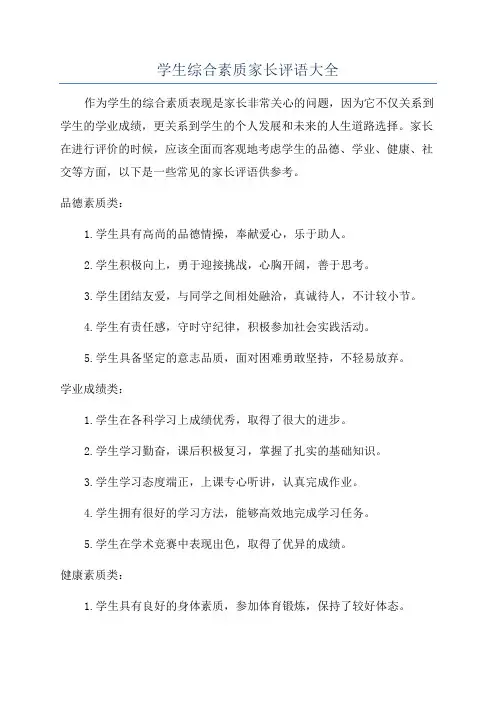 学生综合素质家长评语大全