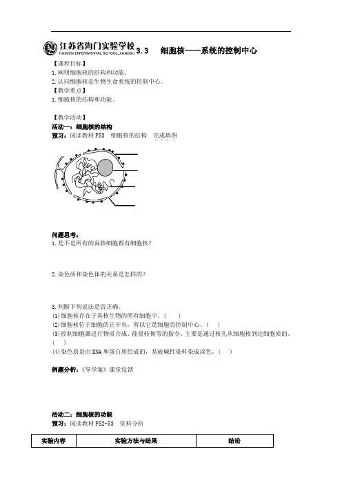 人教版生物必修一3.3细胞核——系统的控制中心 精品导学案