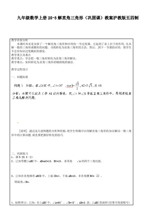 九年级数学上册25-3解直角三角形(巩固课)教案沪教版五四制
