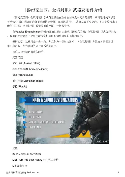 《汤姆克兰西：全境封锁》武器及附件介绍